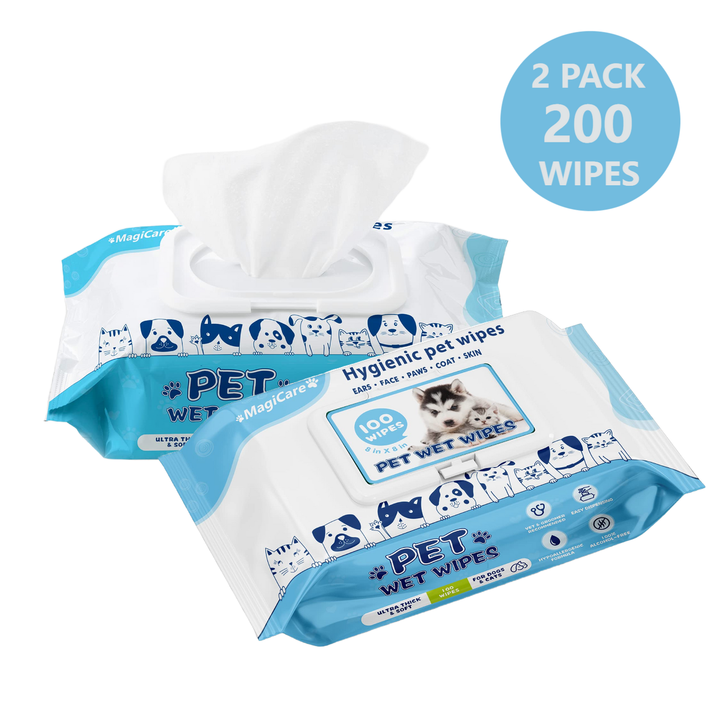 MagiCare Unscented Pet Wipes for Dogs & Cats, 100ct Soft Packs
