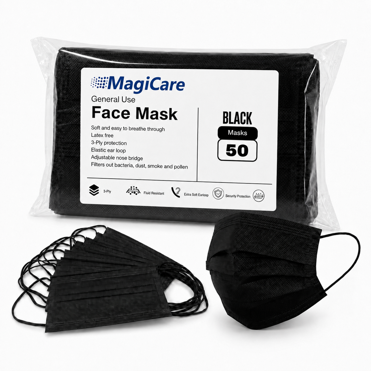 MagiCare black 3-ply disposable face masks with ear loops shown individually, stacked, and worn by an adult