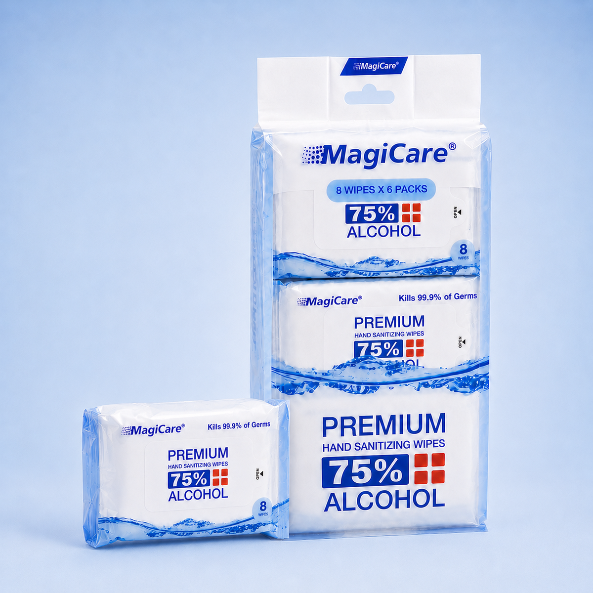 MagiCare travel mini packs — 6 pocket pouches of 75% alcohol hand wipes, 48 wipes total