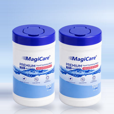 MagiCare — two 100-count countertop canisters of 75% alcohol hand wipes, 200 wipes in all