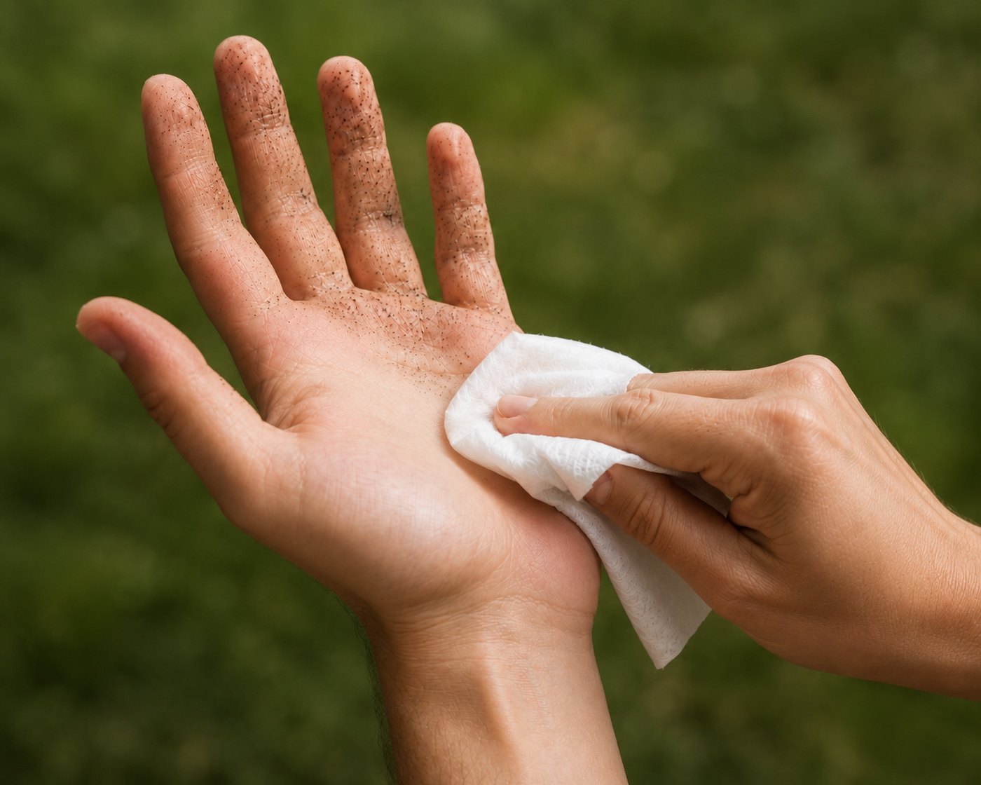 A dirty hand being wiped clean with a MagiCare 75% alcohol wipe, dirt lifting off the skin