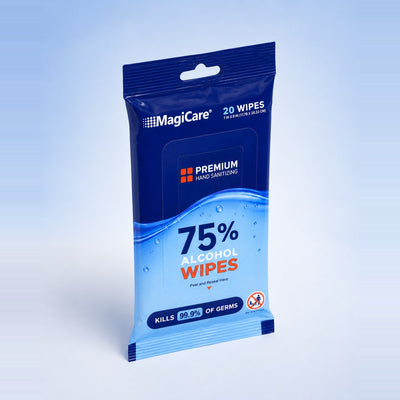 MagiCare travel packs — ten 20-count packs of 75% alcohol hand wipes