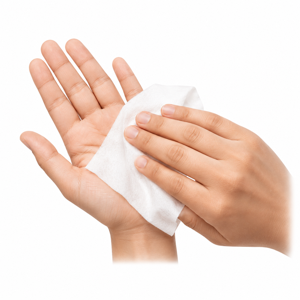 Wipe: One MagiCare hand sanitizing wipe in use.