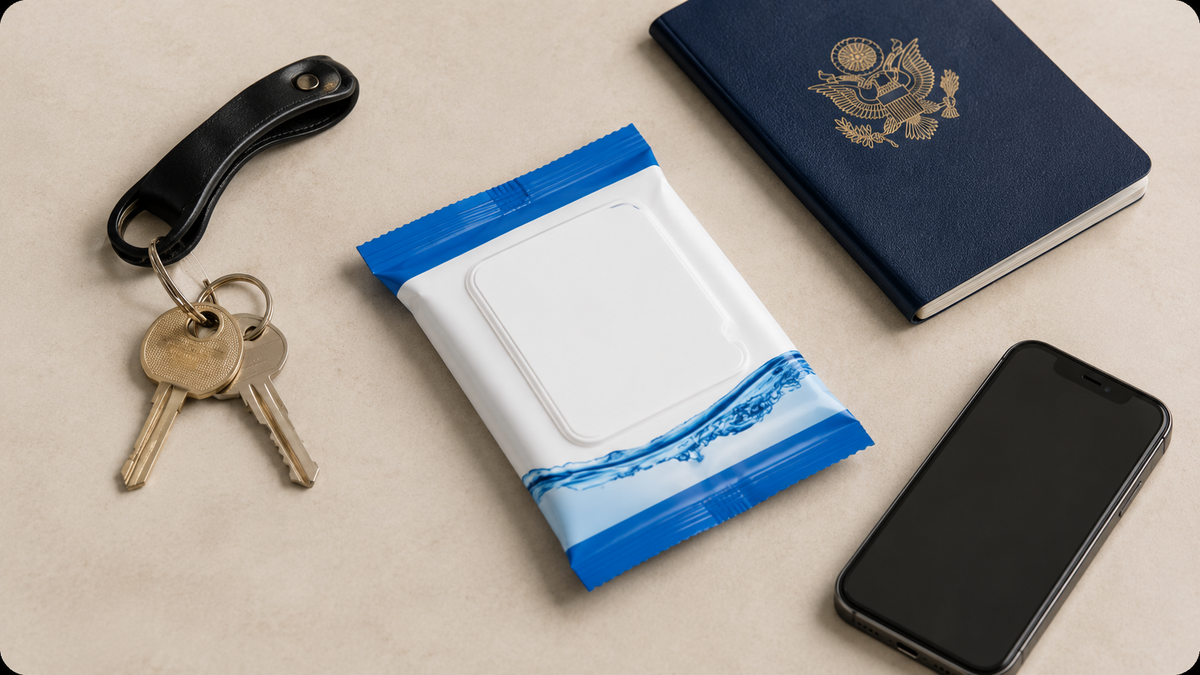 MagiCare Mini Pack 8ct alcohol hand wipes beside keys, a passport, and a phone for quick trips