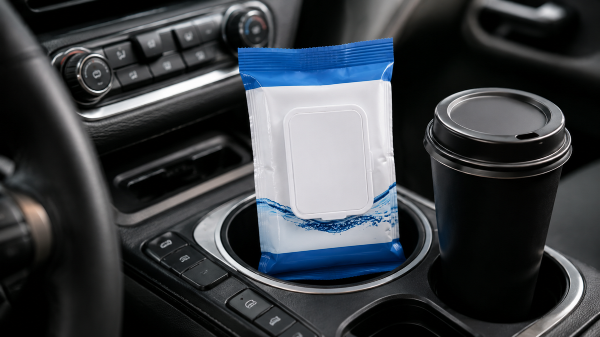 MagiCare Travel Pack 20ct alcohol hand wipes stored in a car cup holder for on-the-go use