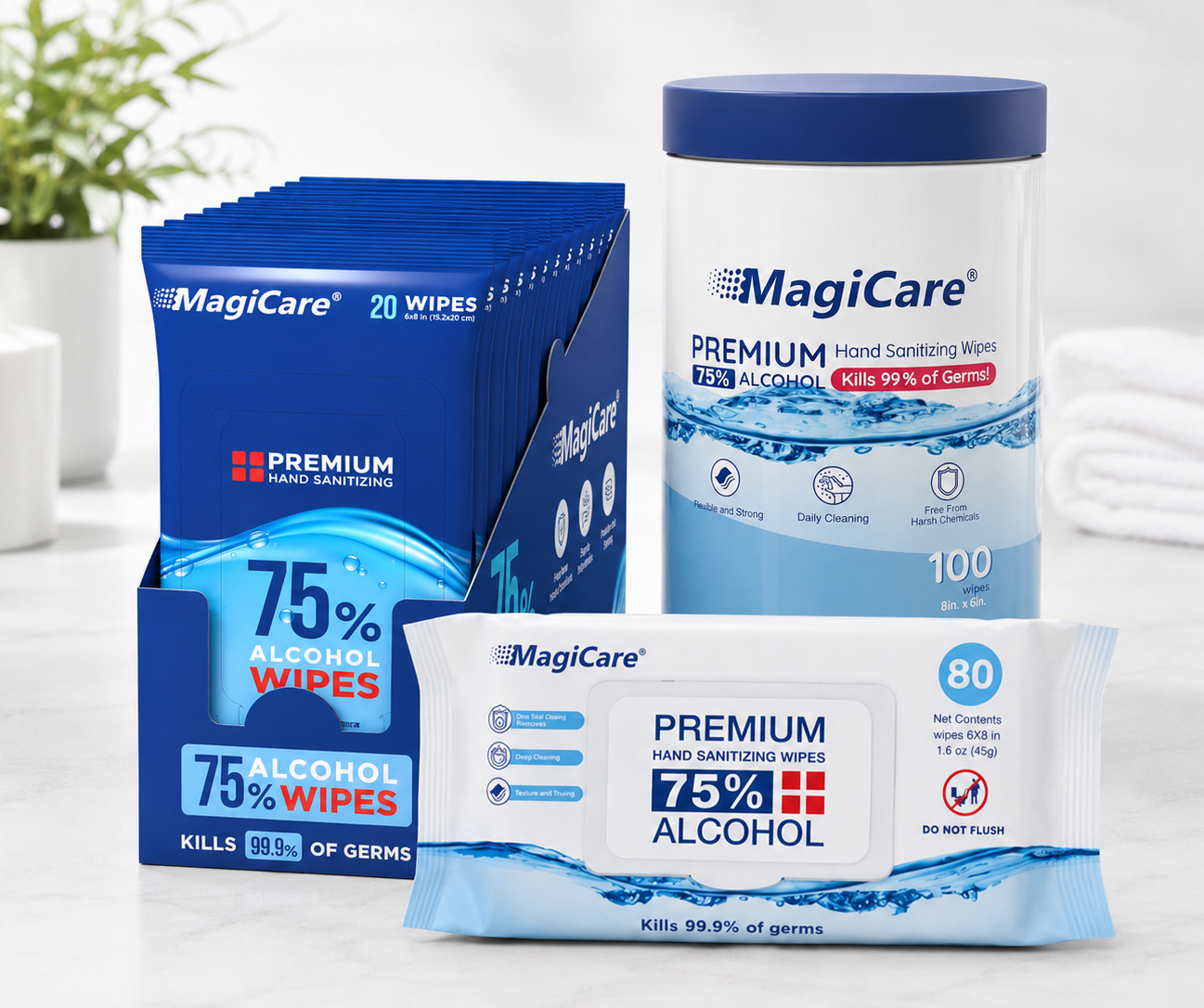Hand pulling a wipe from a MagiCare alcohol hand wipes pack