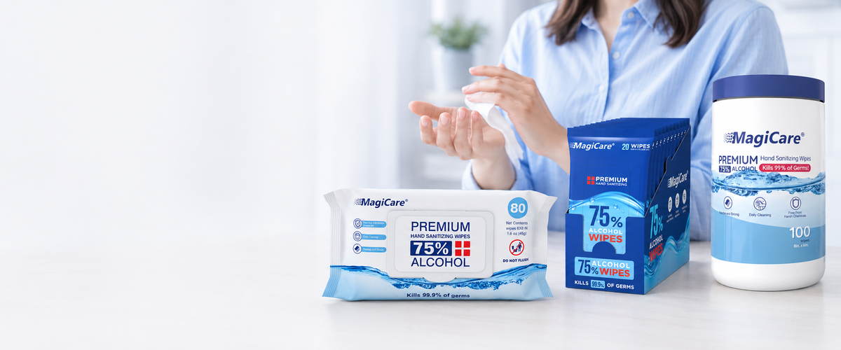 MagiCare Soft Pack 80ct alcohol hand wipes on a kitchen counter for everyday home use