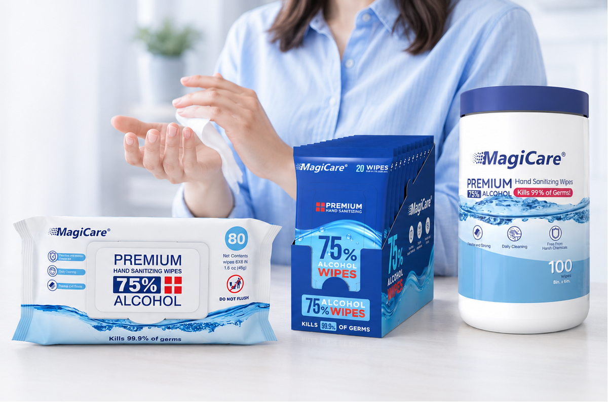 MagiCare alcohol hand wipes in soft pack, canister, and travel pack formats