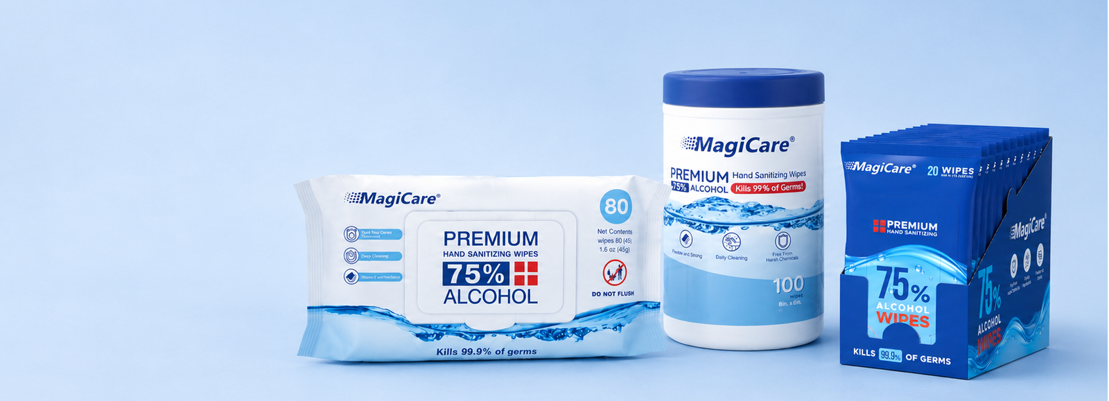 MagiCare alcohol hand wipes pack options including mini packs, travel packs, soft packs, and canisters