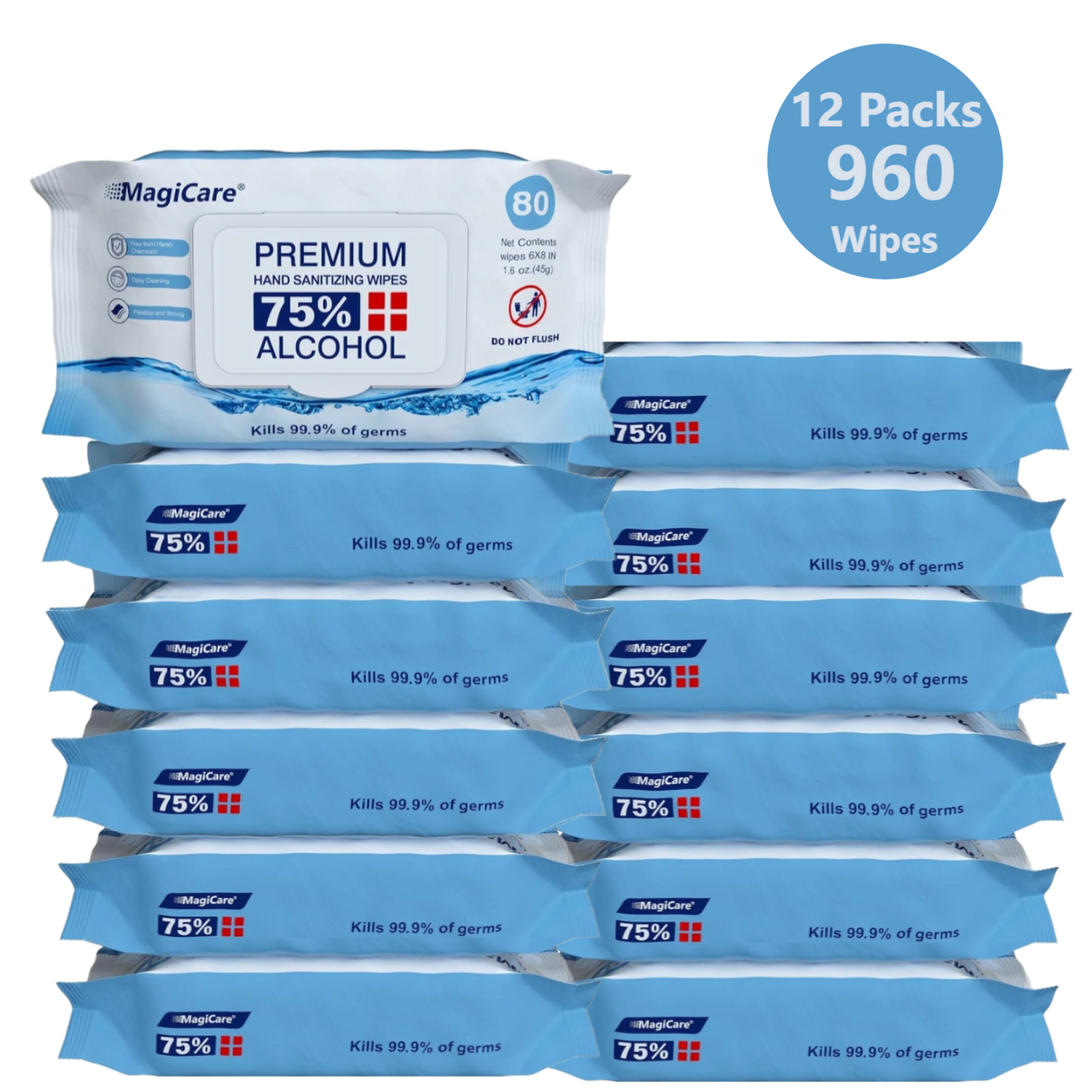MagiCare 75% Alcohol Hand Sanitizing Wipes, 80ct Unscented Soft Pack