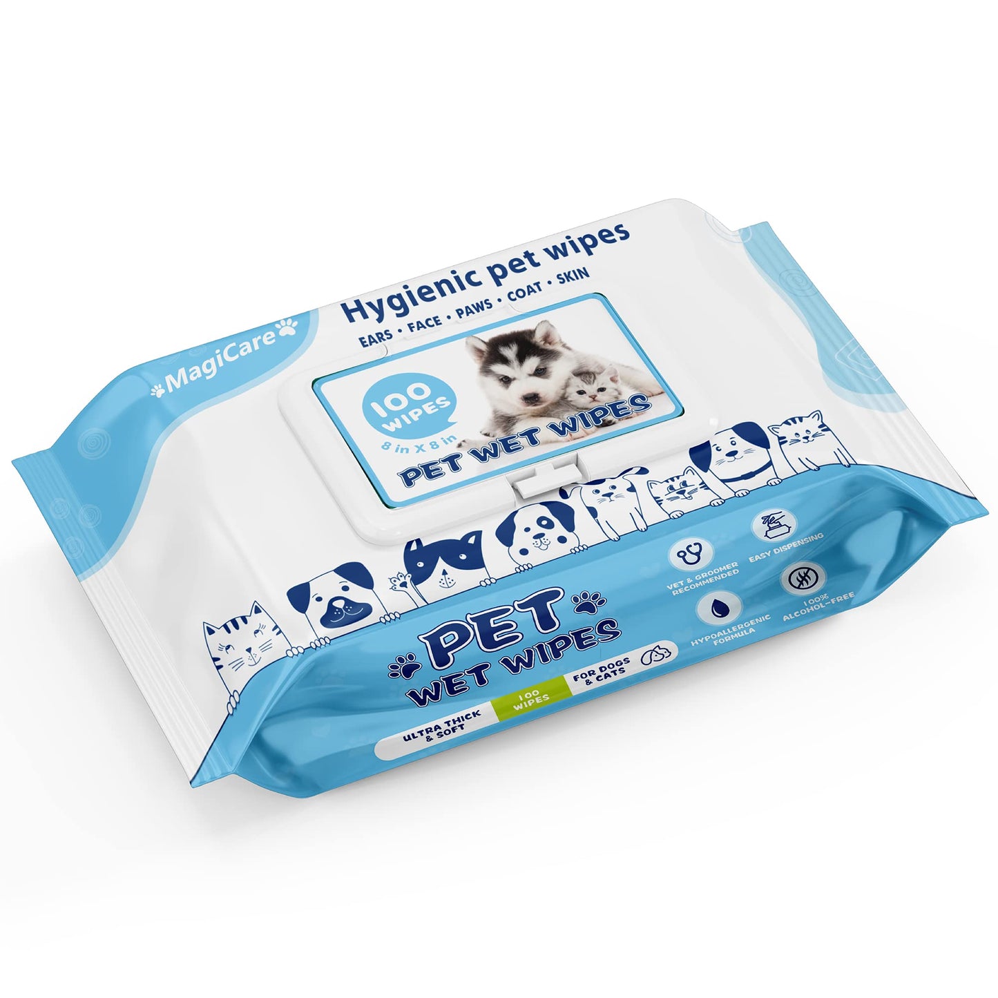 MagiCare Unscented Pet Wipes for Dogs & Cats, 100ct Soft Packs