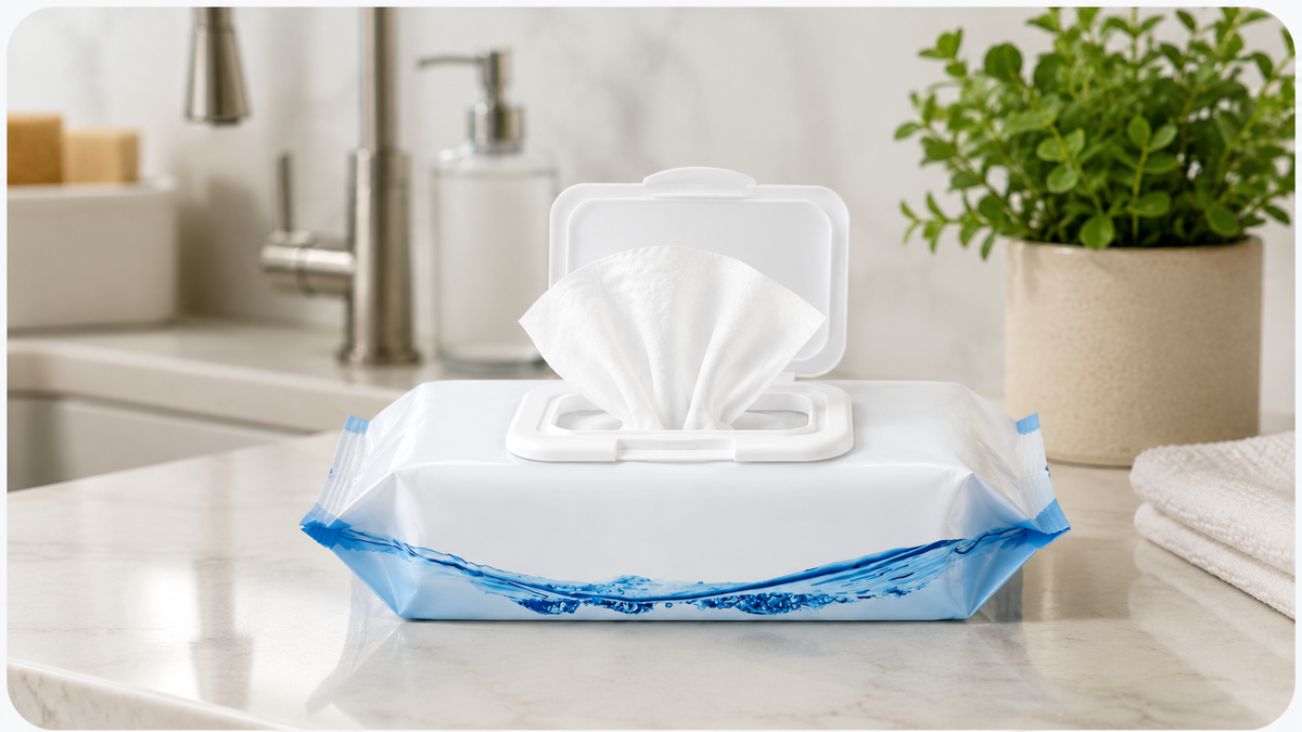 MagiCare Soft Pack 80ct alcohol hand wipes on a kitchen counter for everyday home use