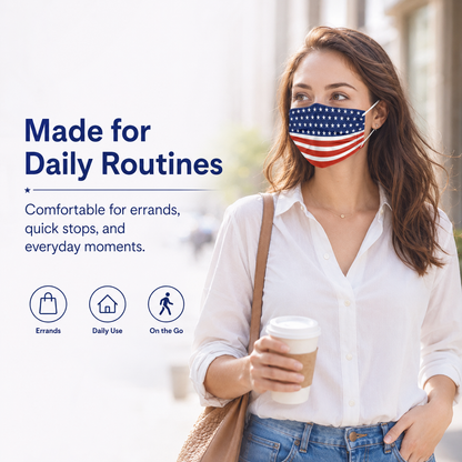 Adult wearing MagiCare American flag print disposable face mask for errands daily routines and on-the-go use