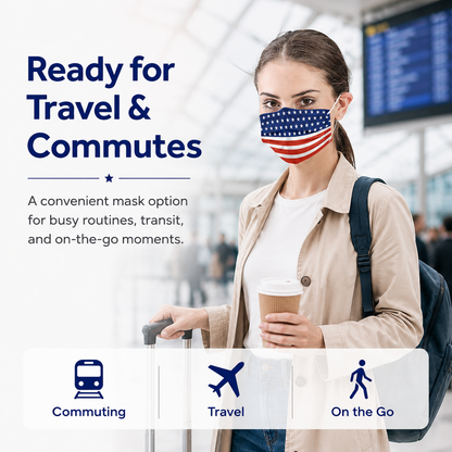 Adult wearing MagiCare American flag print disposable face mask for travel commuting and on-the-go routines