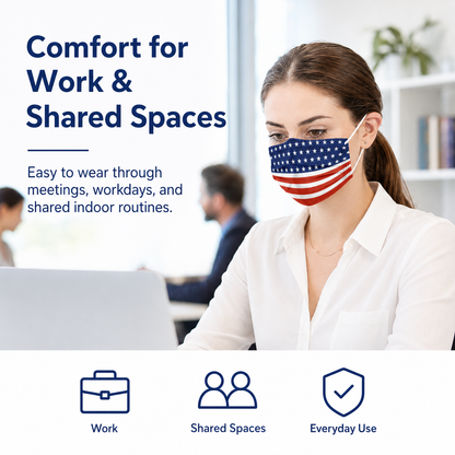 Adult wearing MagiCare American flag print disposable face mask at work and in shared indoor spaces