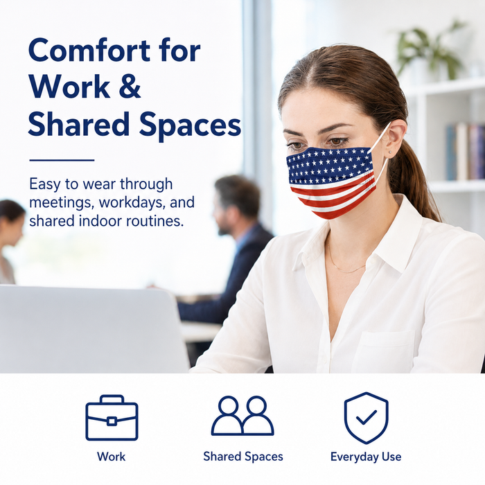 Adult wearing MagiCare American flag print disposable face mask at work and in shared indoor spaces