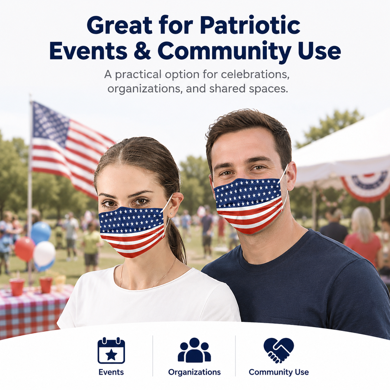 Adults wearing MagiCare American flag print disposable face masks at a patriotic community event