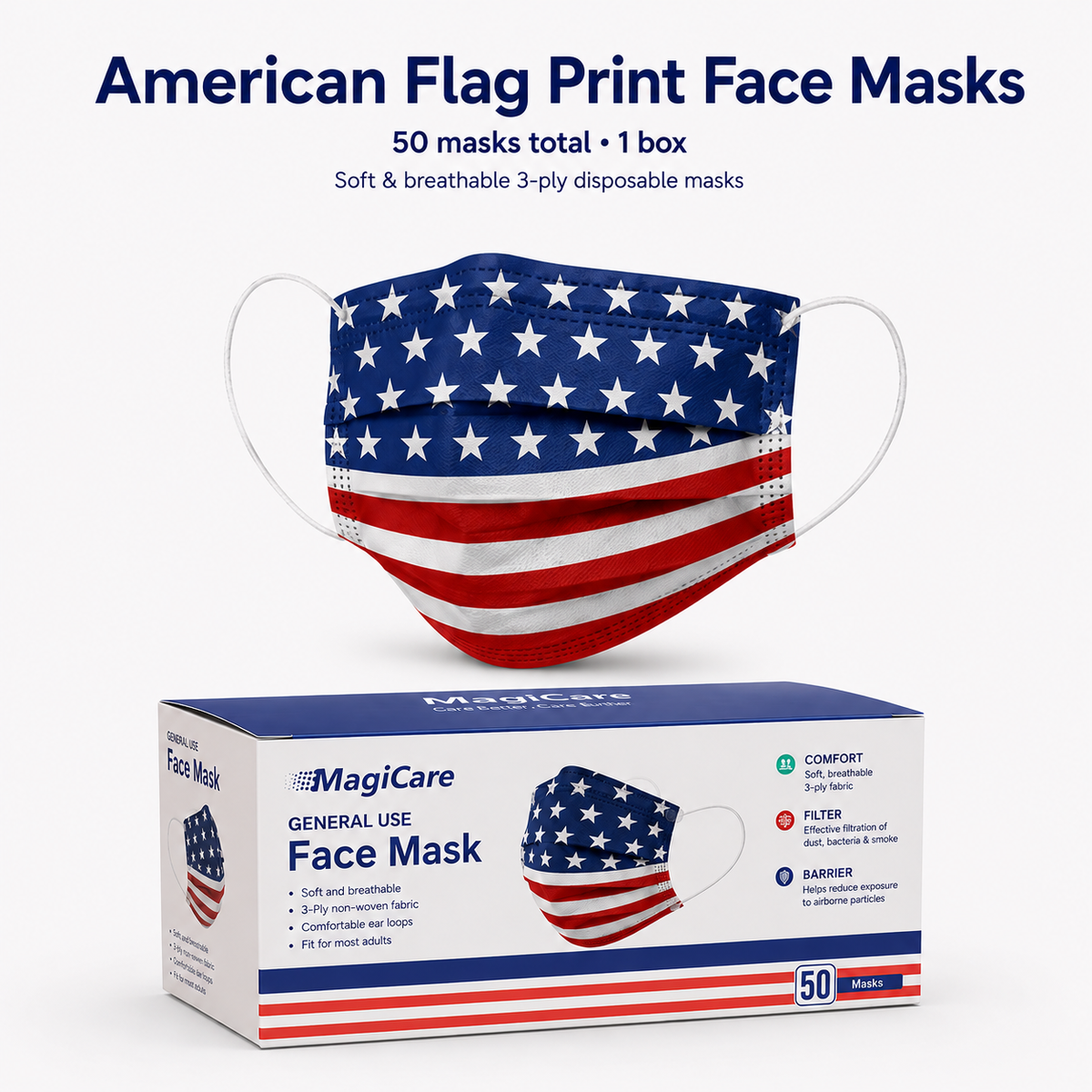 MagiCare American flag print 3-ply disposable face masks 50 count box with one red white and blue mask displayed