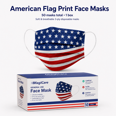 MagiCare American flag print 3-ply disposable face masks 50 count box with one red white and blue mask displayed