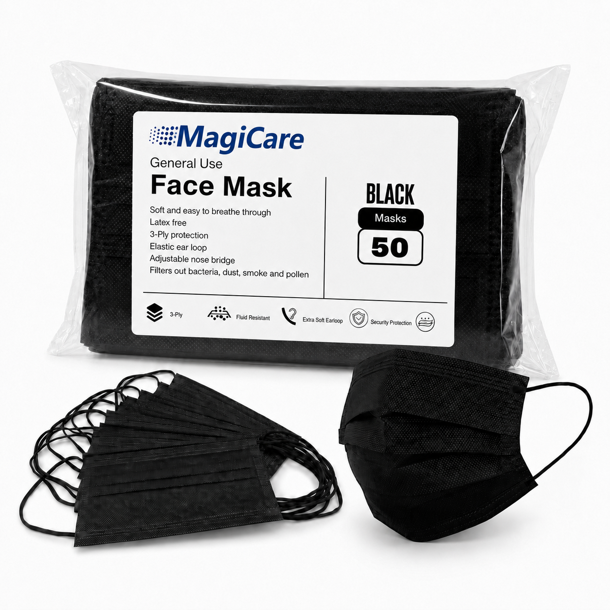 MagiCare black 3-ply disposable face masks with ear loops shown individually, stacked, and worn by an adult