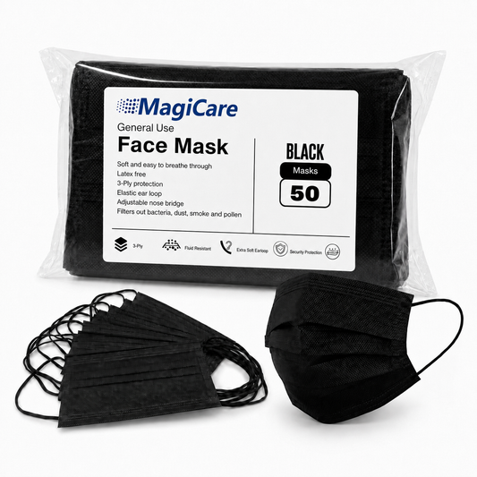 MagiCare black 3-ply disposable face masks with ear loops shown individually, stacked, and worn by an adult