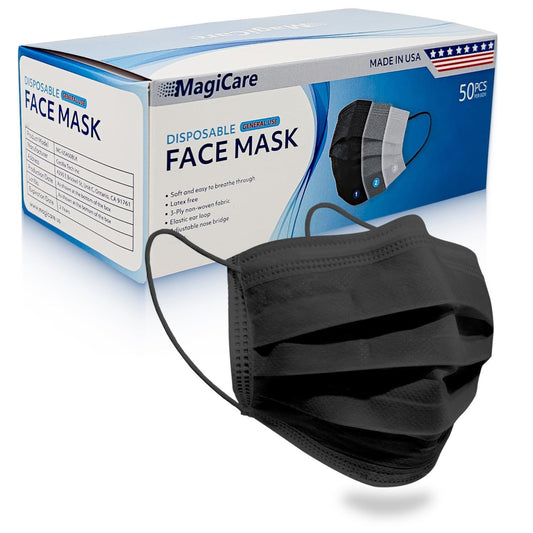 MagiCare 3-ply black disposable face masks 50ct box with one mask displayed