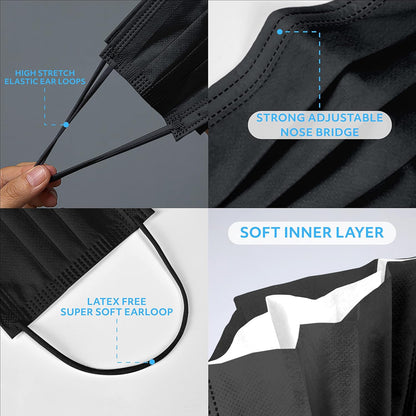 MagiCare black disposable face mask details showing elastic ear loops adjustable nose bridge and soft inner layer