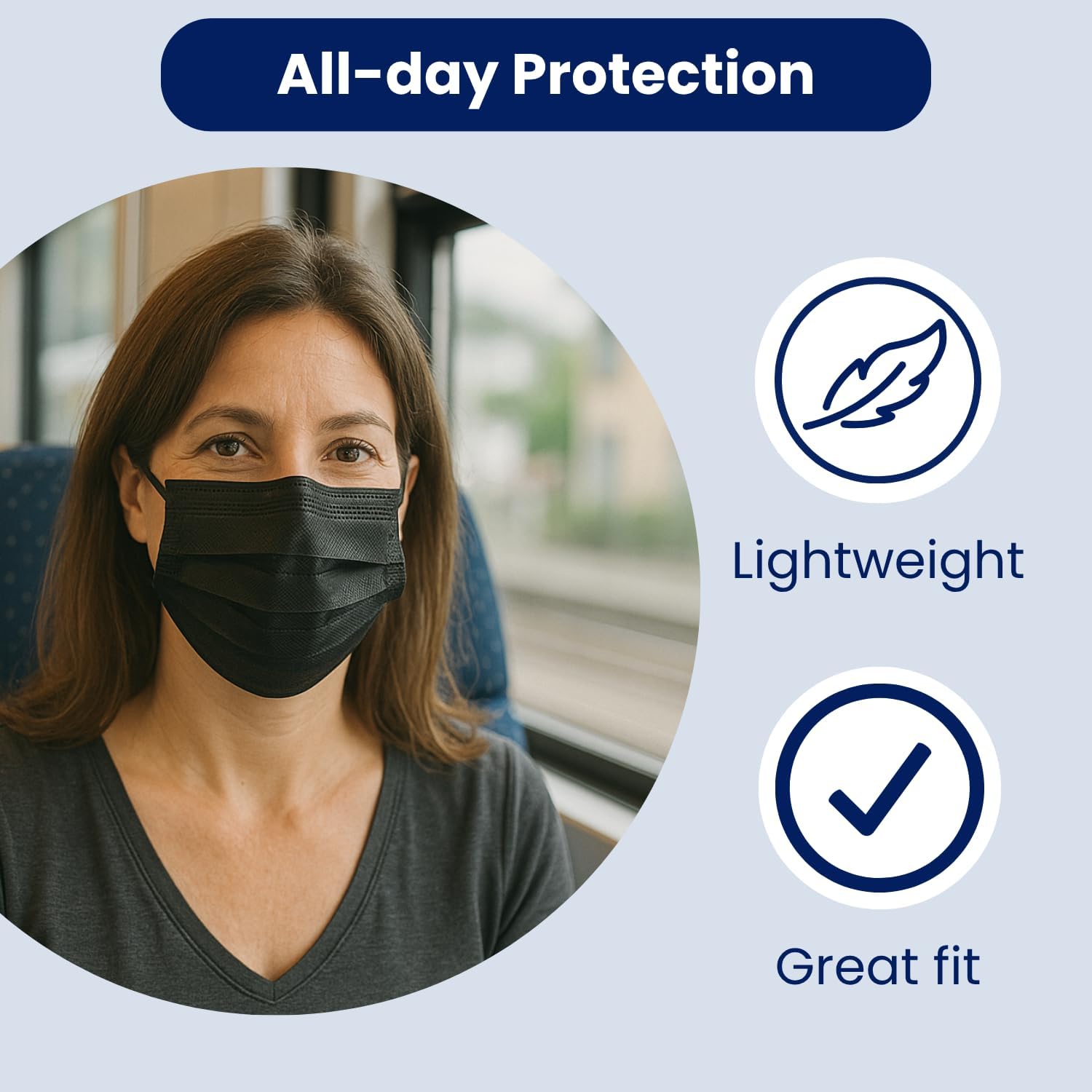 Adult wearing MagiCare black 3-ply disposable face mask with lightweight comfortable fit