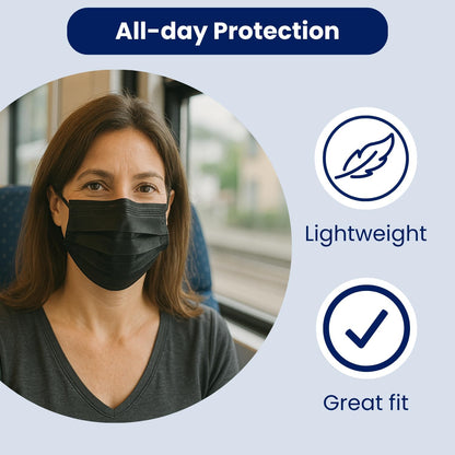 Adult wearing MagiCare black 3-ply disposable face mask with lightweight comfortable fit