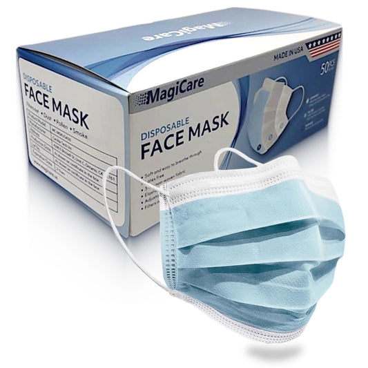 MagiCare 3-ply blue disposable face masks 50ct box with one mask displayed