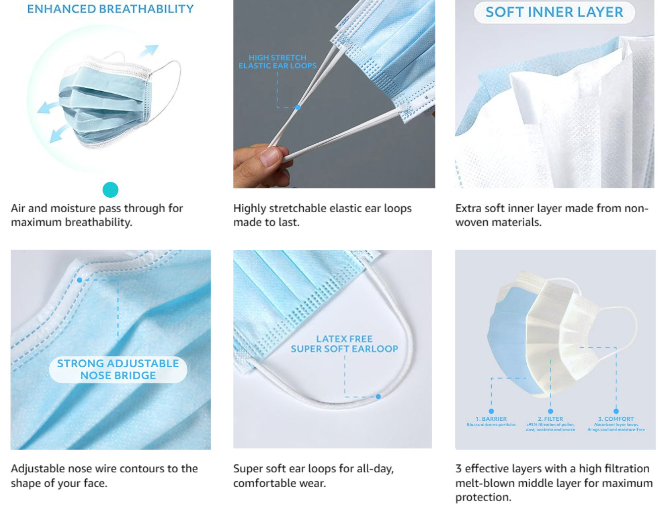 MagiCare blue disposable face mask features including breathable design elastic ear loops adjustable nose bridge and soft inner layer