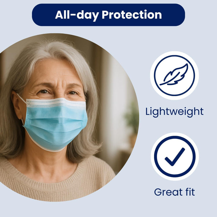 Adult wearing MagiCare blue 3-ply disposable face mask with lightweight comfortable fit