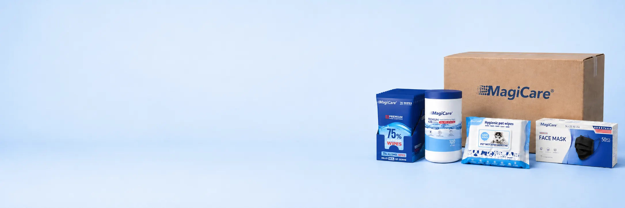 MagiCare bulk and wholesale hygiene supplies including alcohol wipes, pet wipes, disposable face masks, and case pack options