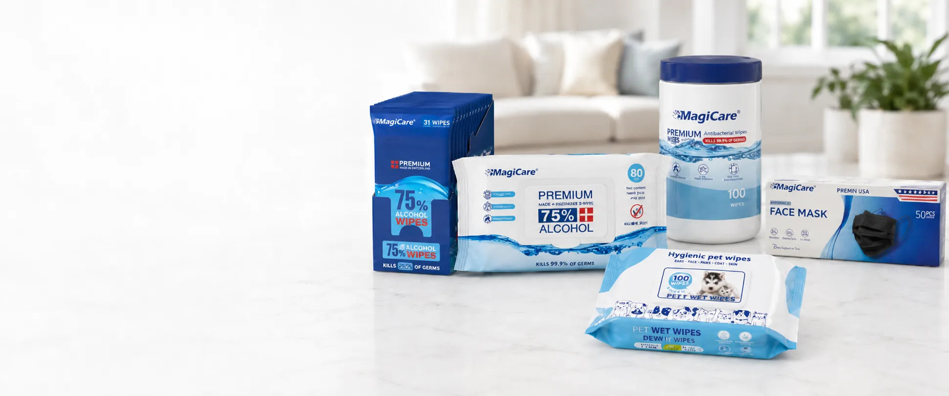 MagiCare 75% alcohol hand wipes, pet wipes, and disposable face masks for everyday care