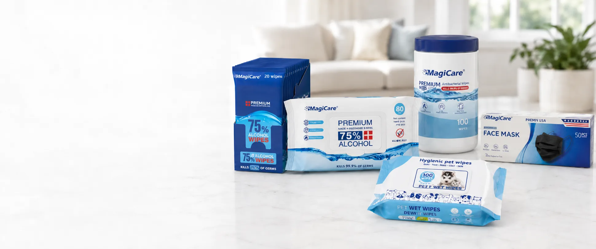 MagiCare 75% alcohol hand wipes, pet wipes, and disposable face masks for everyday care