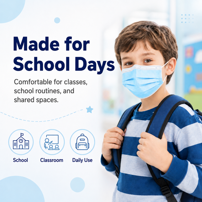 Child wearing a blue MagiCare kids disposable face mask for school and classroom routines
