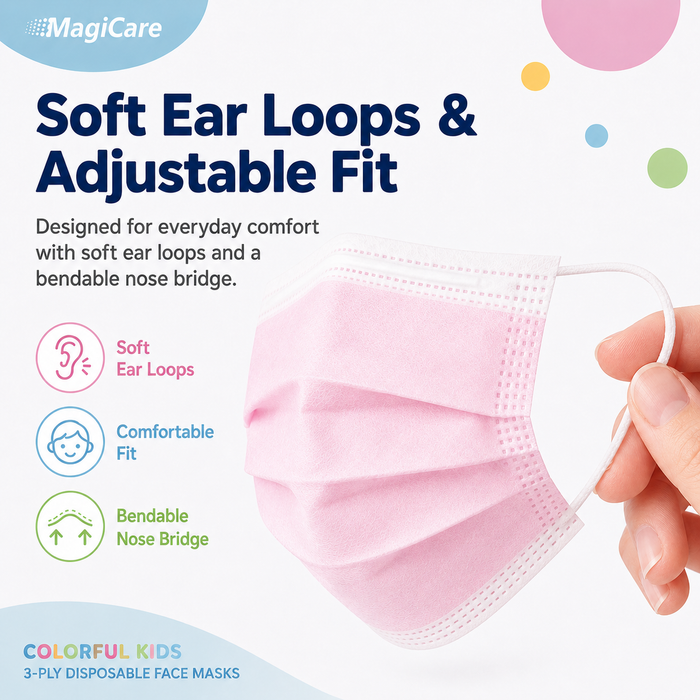 MagiCare pink kids disposable face mask with soft ear loops and adjustable nose bridge