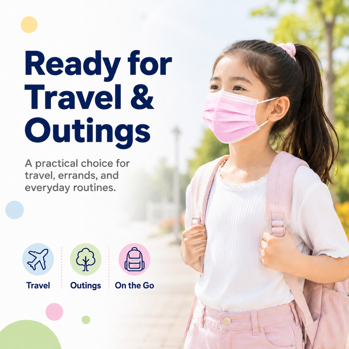 Child wearing a pink MagiCare kids disposable face mask for travel, outings, and everyday routines