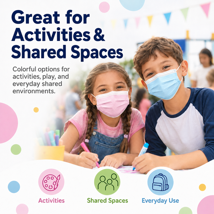Children wearing MagiCare pink and blue kids disposable face masks during a shared activity