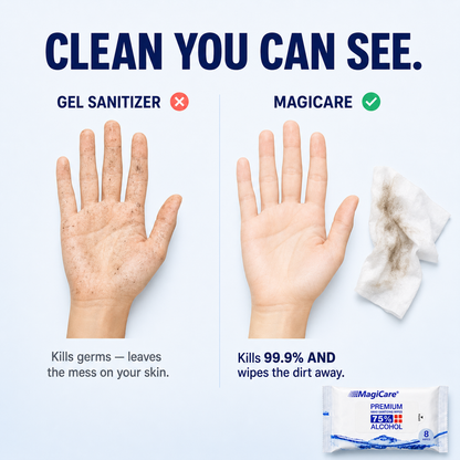 Gel sanitizer leaves the mess; MagiCare kills 99.9% and wipes the dirt away