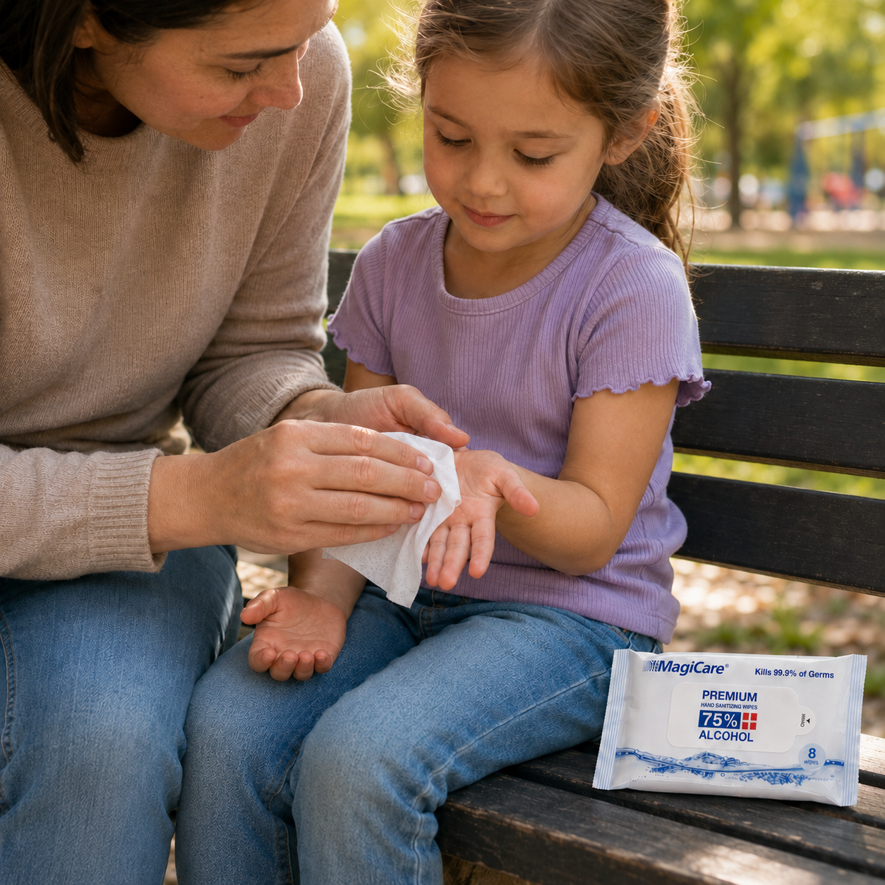 Parent wiping a child's hands with a MagiCare wipe at the park