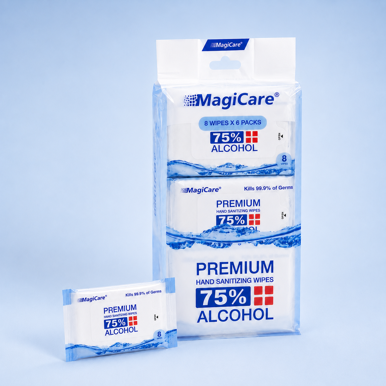 MagiCare travel mini packs — 6 pocket pouches of 75% alcohol hand wipes, 48 wipes total