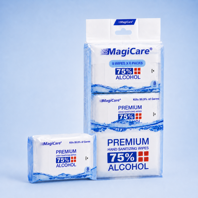 MagiCare travel mini packs — 6 pocket pouches of 75% alcohol hand wipes, 48 wipes total