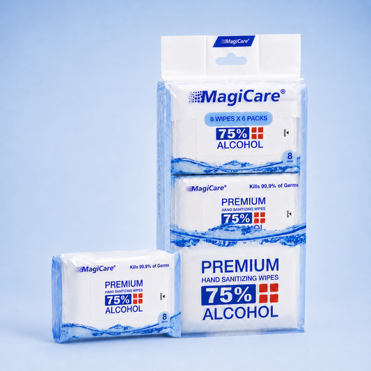 MagiCare travel mini packs — 6 pocket pouches of 75% alcohol hand wipes, 48 wipes total