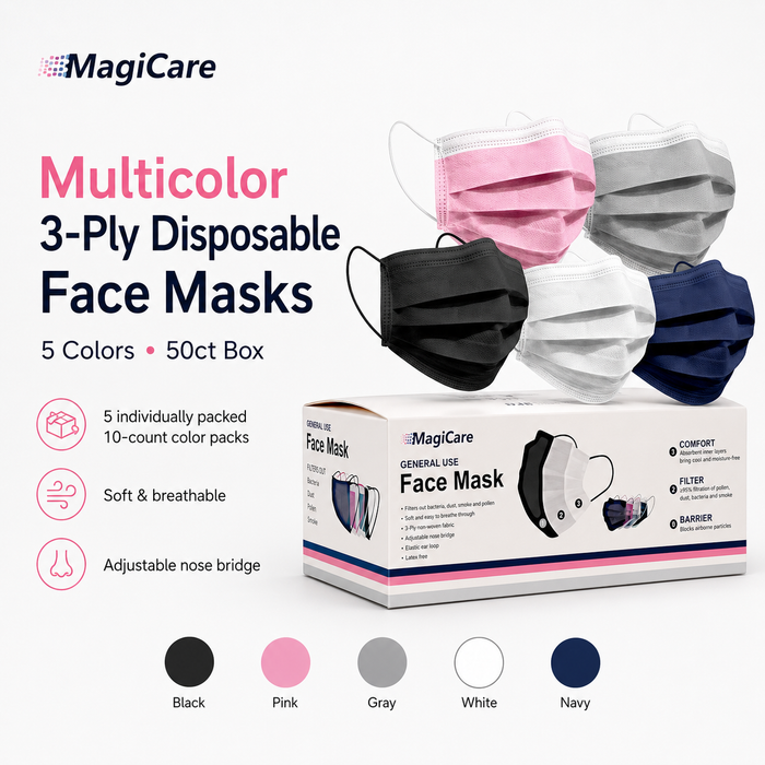 MagiCare multicolor 3-ply disposable face masks 50ct box with five colors soft ear loops and adjustable nose bridge