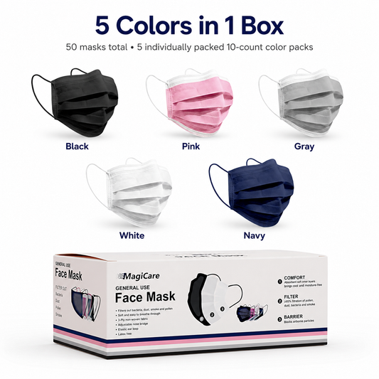 MagiCare multicolor 3-ply disposable face masks 50ct box with black pink gray white and navy masks