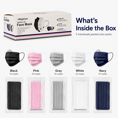 MagiCare multicolor disposable face masks with five individually packed 10-count color packs in one 50ct box