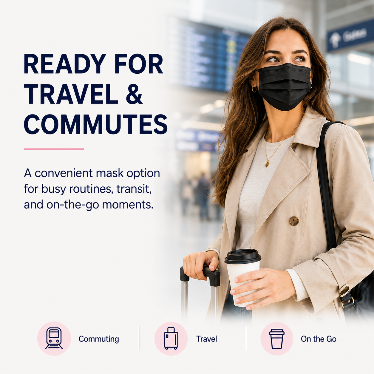 Adult wearing MagiCare black disposable face mask for travel commuting and on-the-go routines