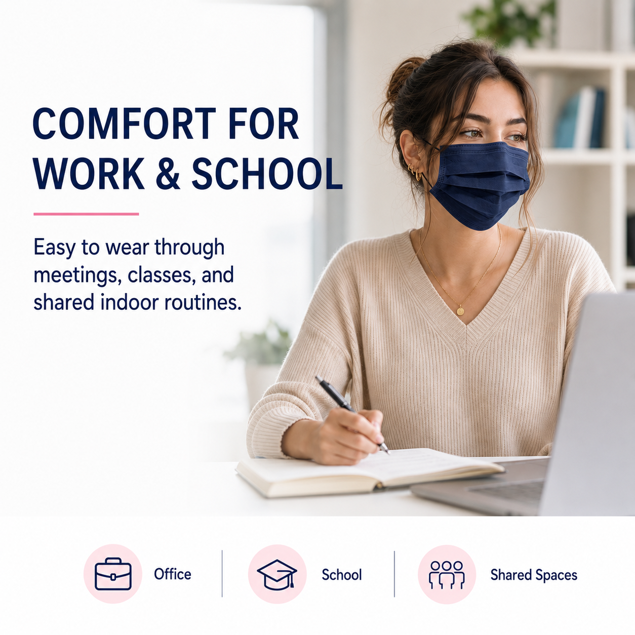 Adult wearing MagiCare navy disposable face mask for work school and shared indoor spaces