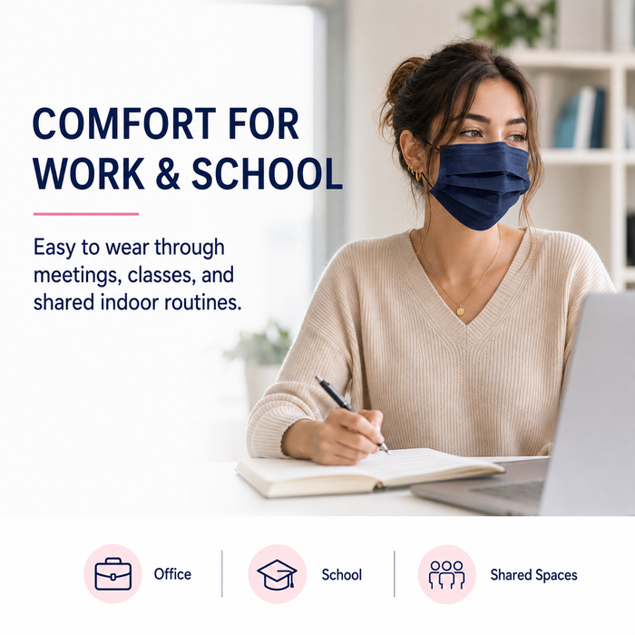 Adult wearing MagiCare navy disposable face mask for work school and shared indoor spaces